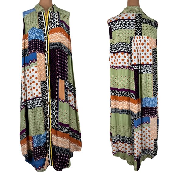 Anthropologie Maeve Everyway Patchwork Dress Shirt Dress Sleeveless Mixed Print - Picture 6 of 11